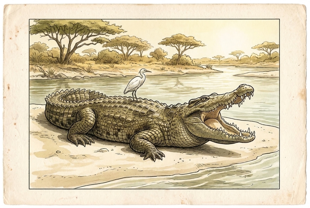 A large Nile crocodile basking on a sandbar.