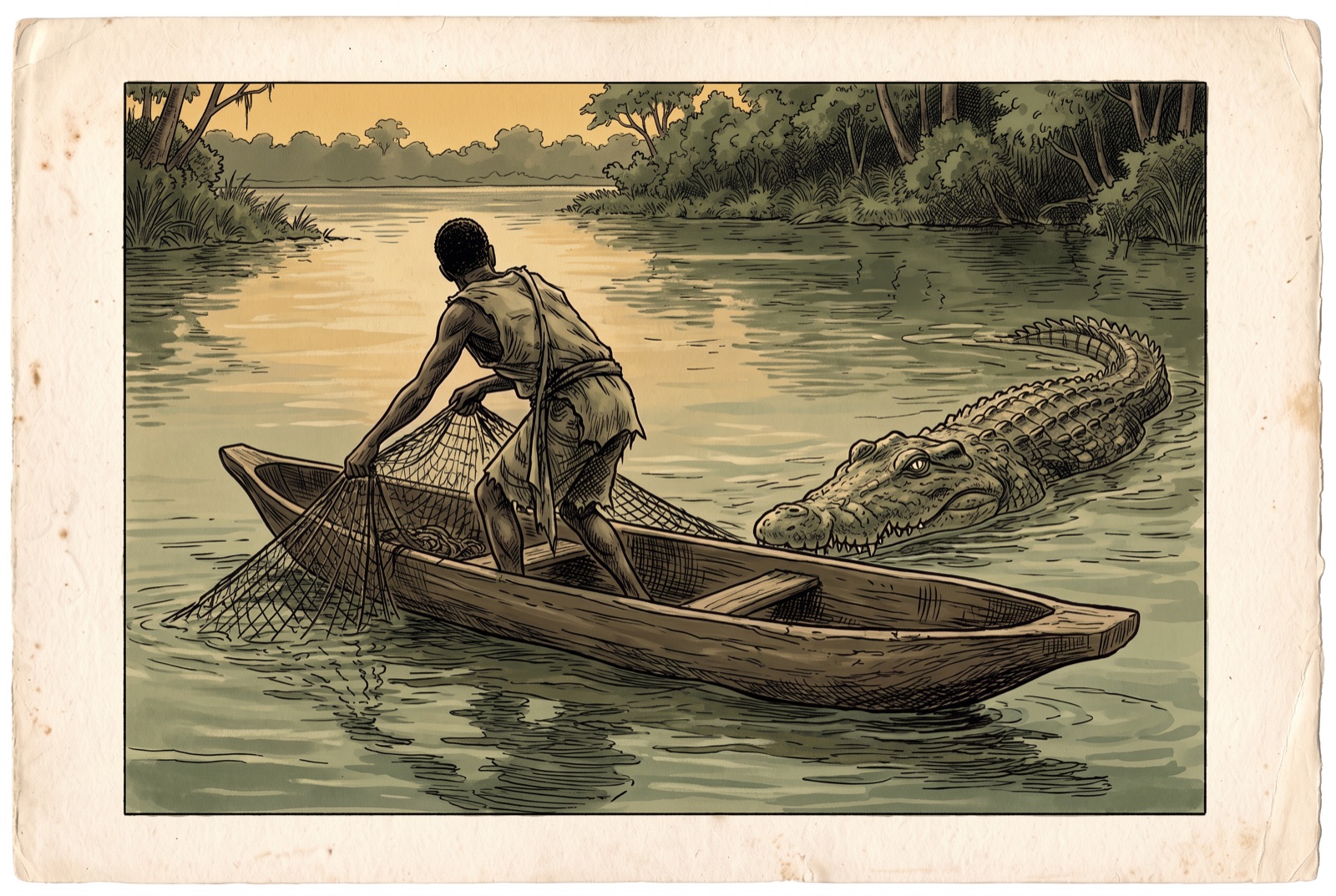 A fisherman and a Nile crocodile at dusk.