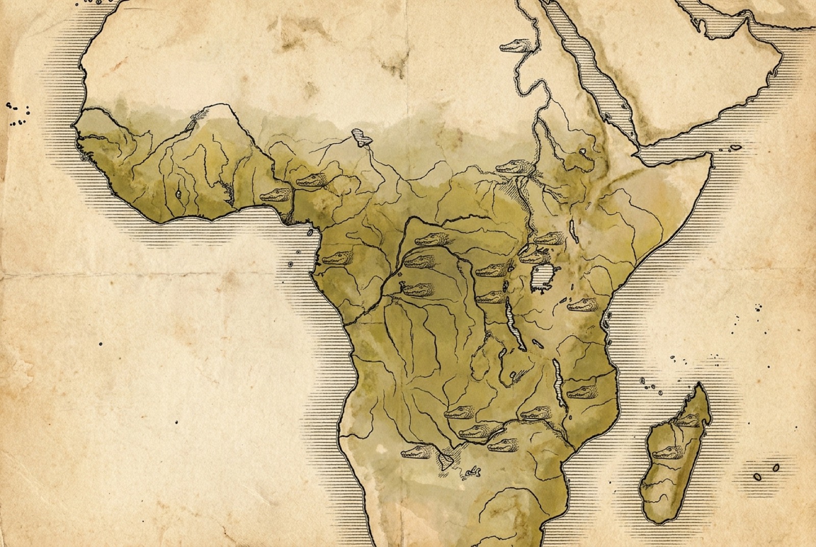 Crocodile country across Africa. The marks show where crocodilians are found: from the Nile basin and the Rift Valley lakes, through the Congo and the rivers of West and Central Africa, to the Zambezi, the Okavango and Madagascar. No map makes any single stretch of water safe; treat all of it as occupied.