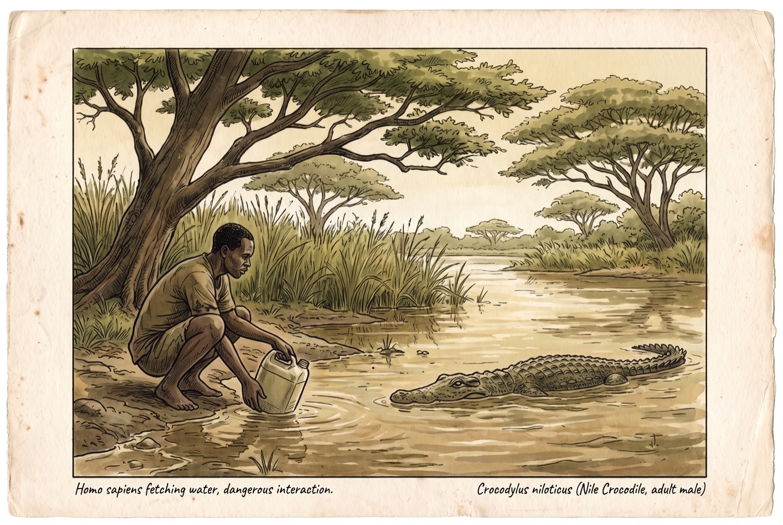 Fetching water where a crocodile waits.