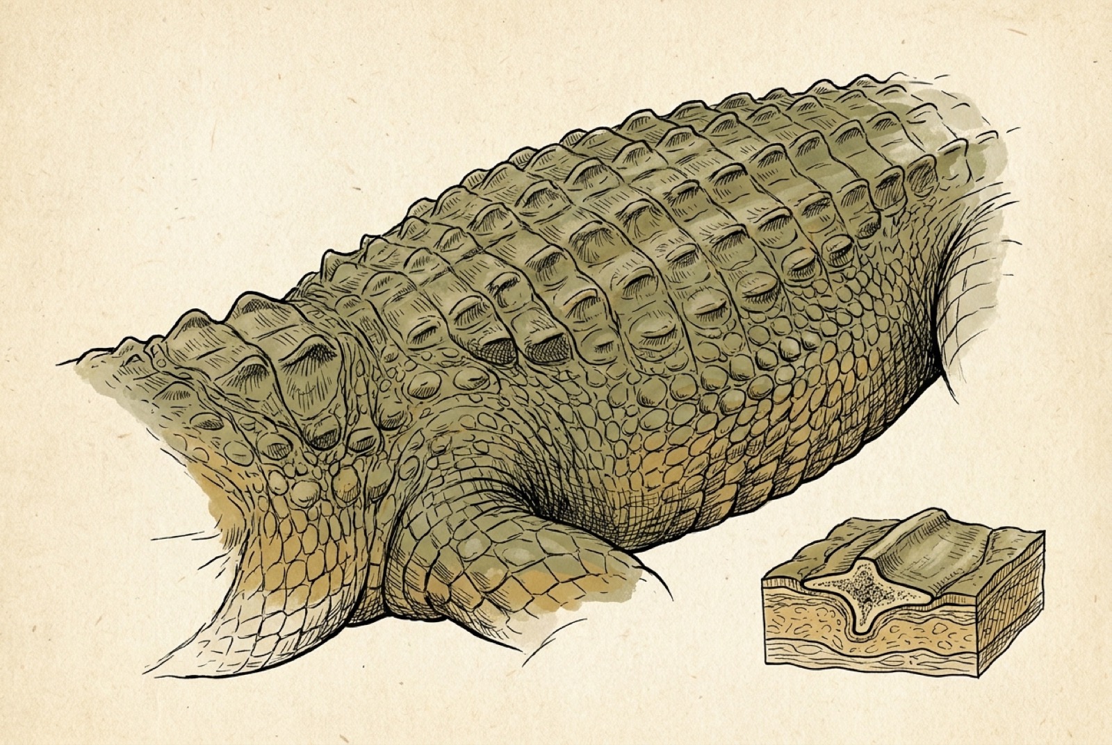 Osteoderms, the bony “scutes” embedded in the skin, form natural armour along the back. The cutaway shows one plate seated in the hide.
