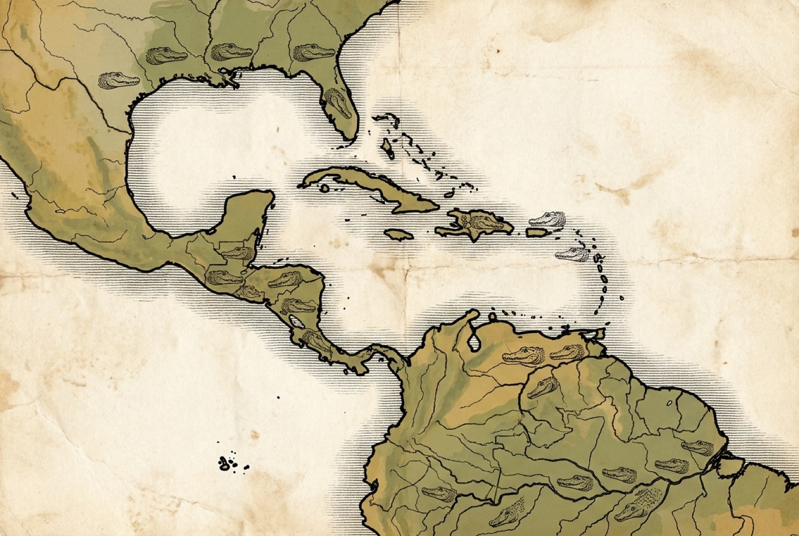 Crocodilian country across the Americas. The marks show where alligators, crocodiles and caimans are found: from the southeastern United States and the Caribbean, through Central America, to the Orinoco, the Amazon and beyond. No map makes any single stretch of water safe; treat all of it as occupied.