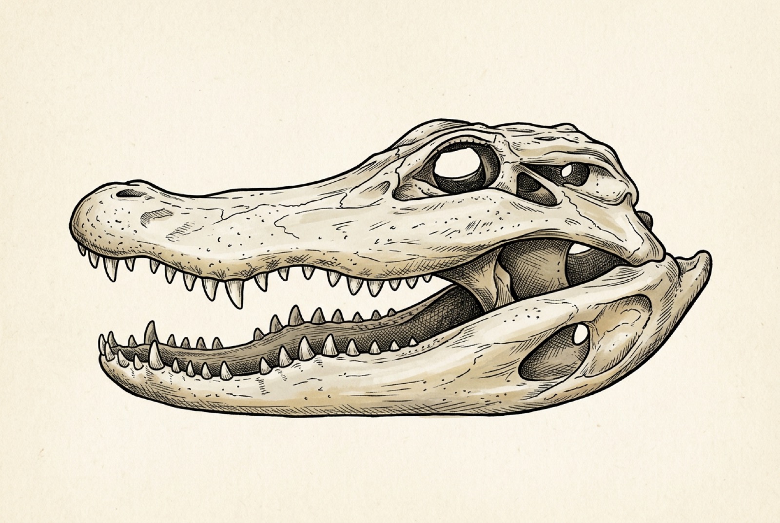 An American alligator skull: the broad, rounded snout and conical teeth built to grip and hold, never to chew.