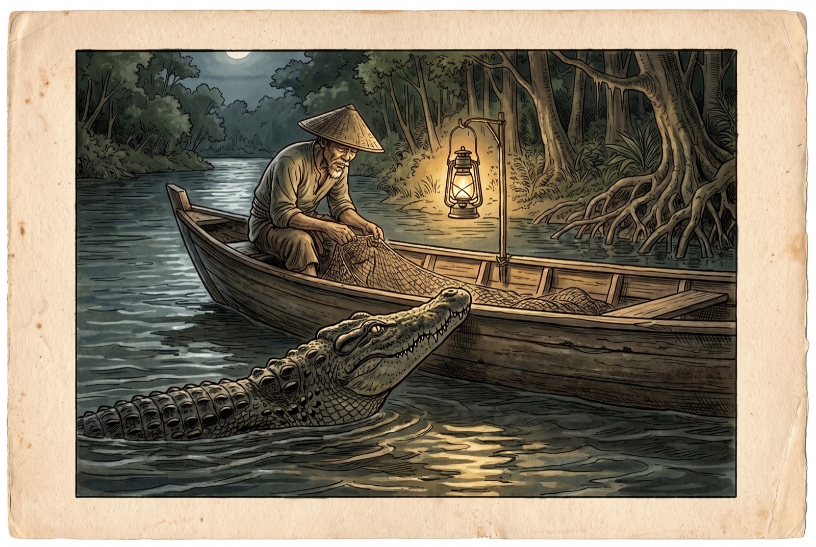 Night fishing on an Indonesian river, and the tap-the-boat mistake.
