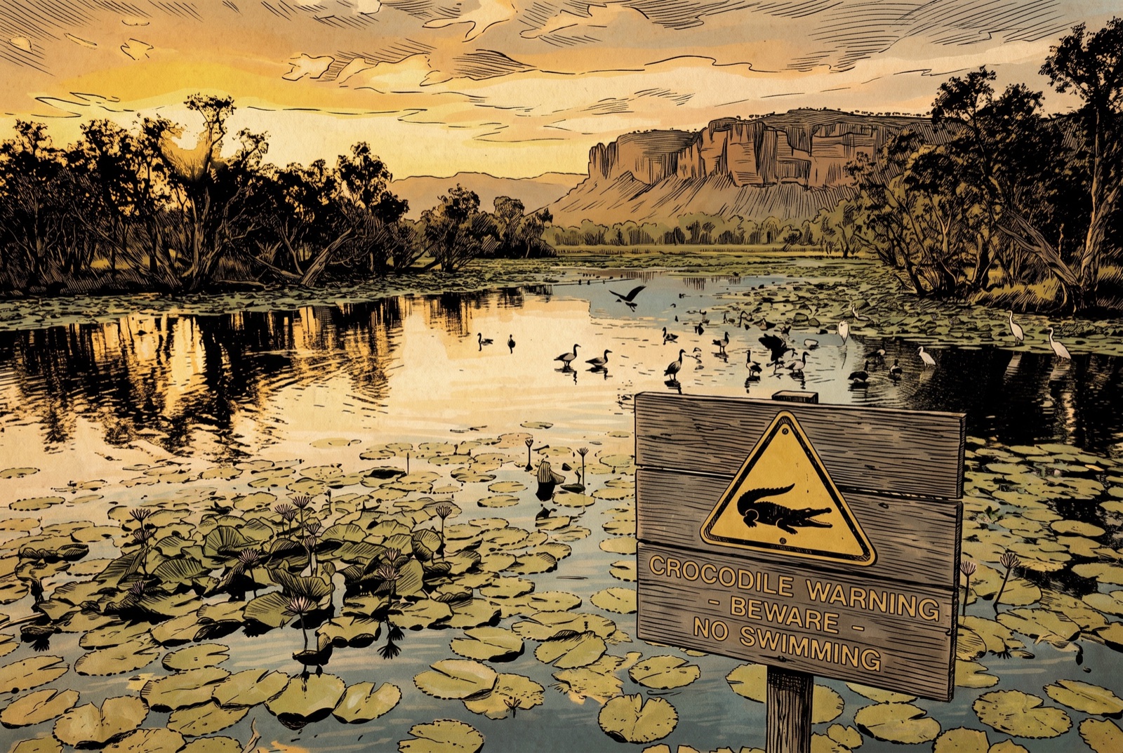 Kakadu at golden hour. Every billabong a maybe.