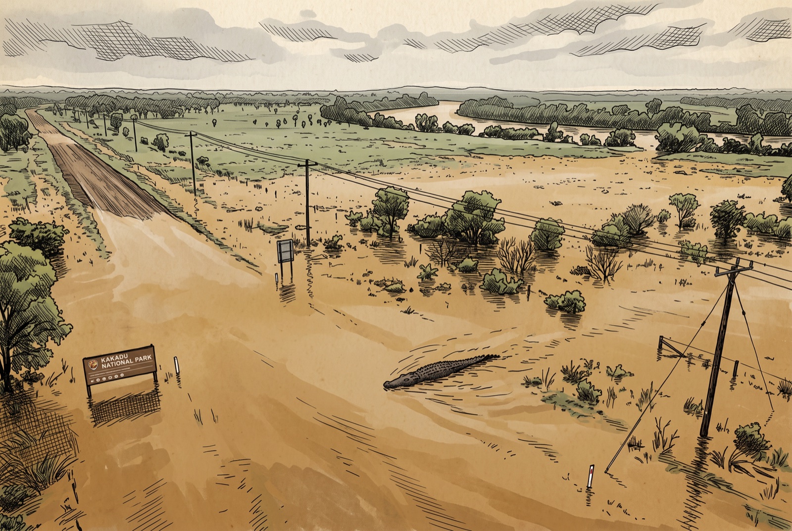 The wet season redraws the map; the crocodile follows the water out.