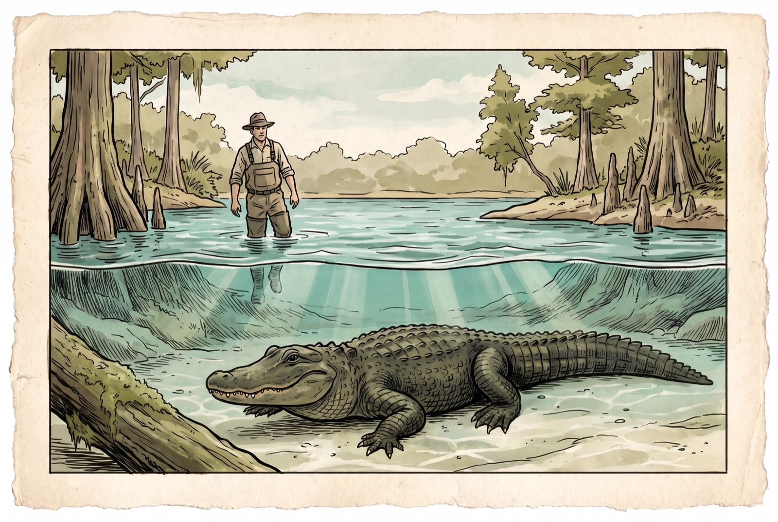 Clear water is not safe: an alligator on a spring bottom, a wader above.