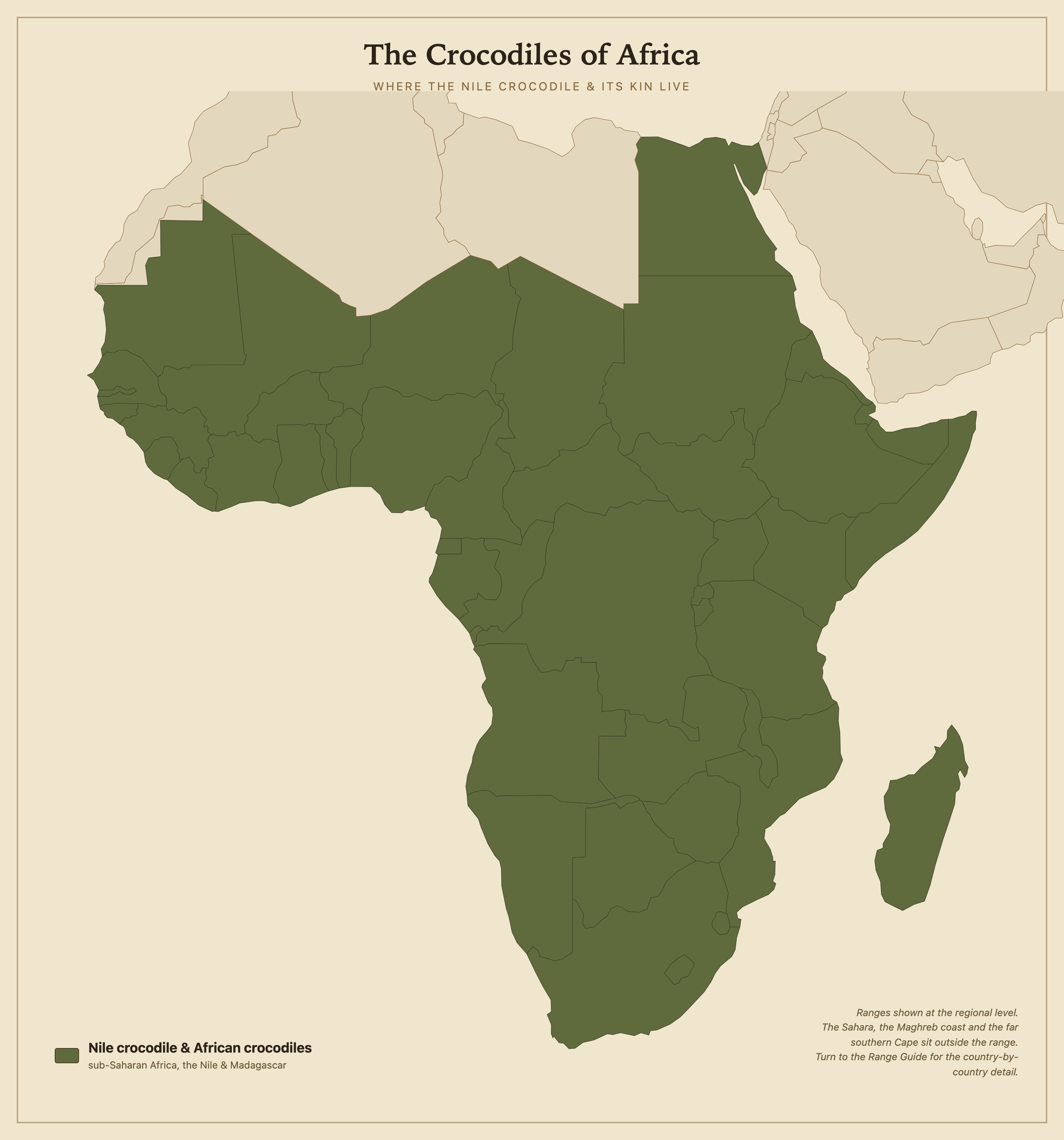 The crocodiles of Africa at a glance. The country-by-country detail follows below.