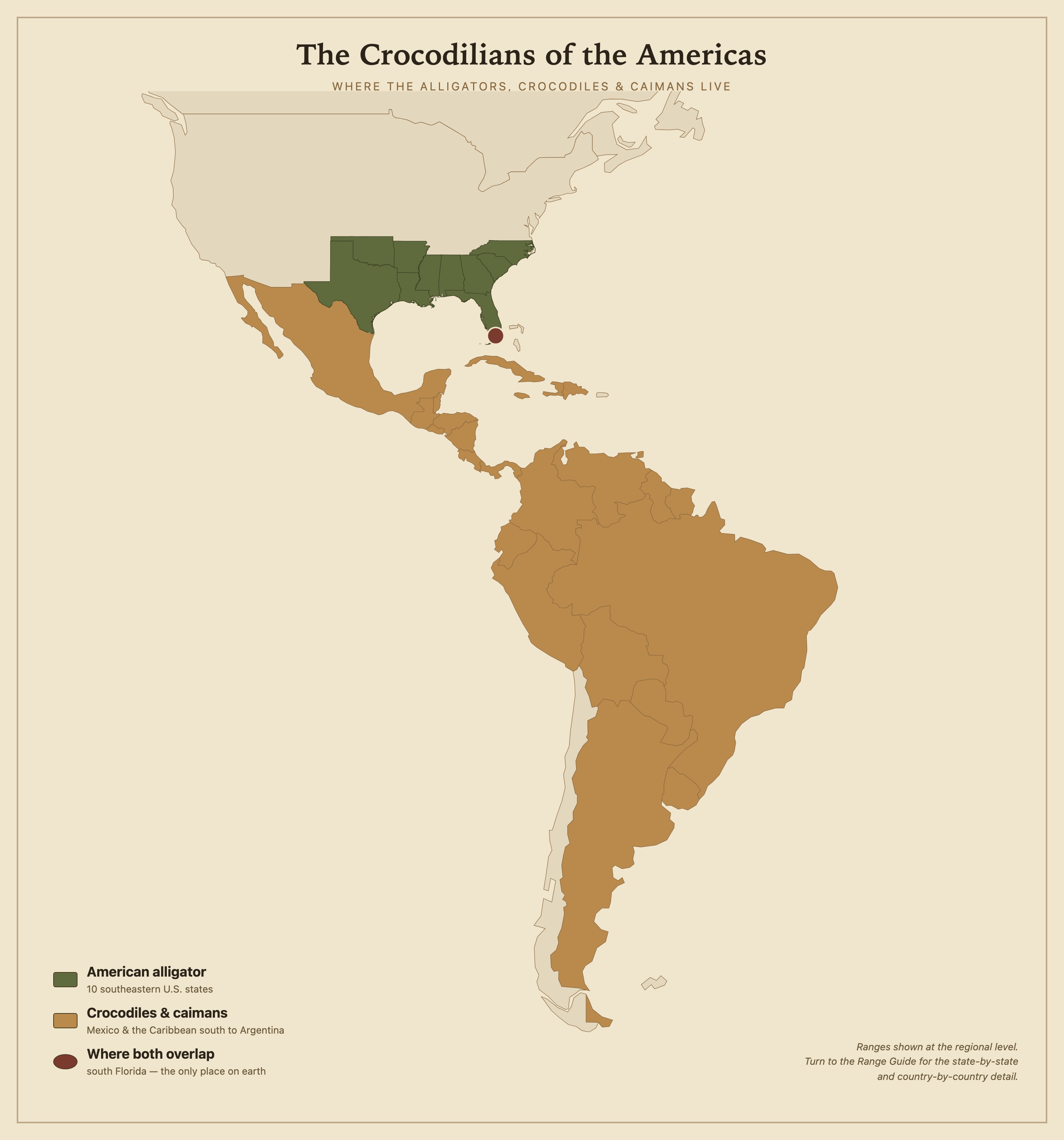 The crocodilians of the Americas at a glance. The state-by-state and country-by-country detail follows below.