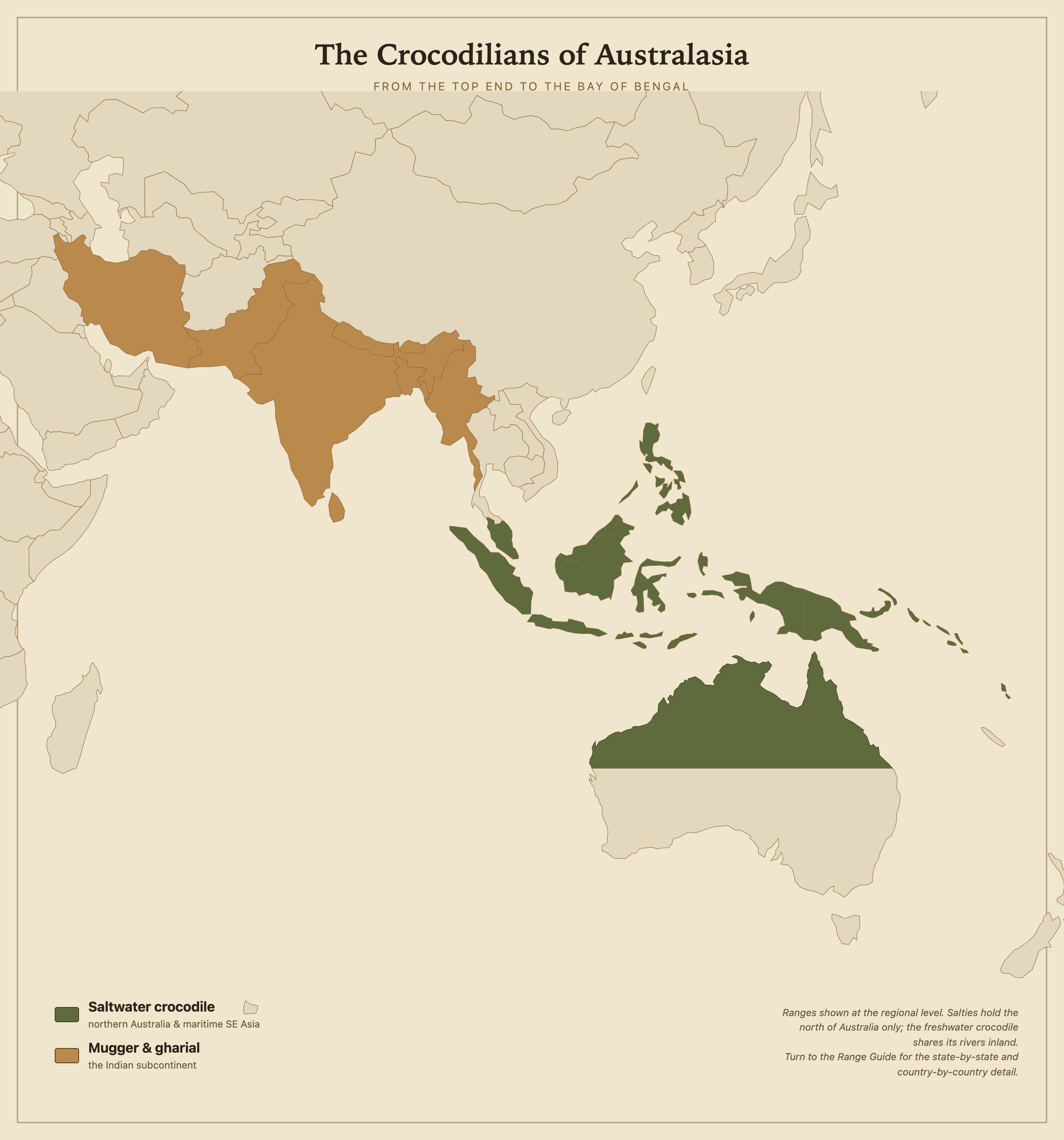 The crocodilians of Australasia at a glance. The state-by-state and country-by-country detail follows below.