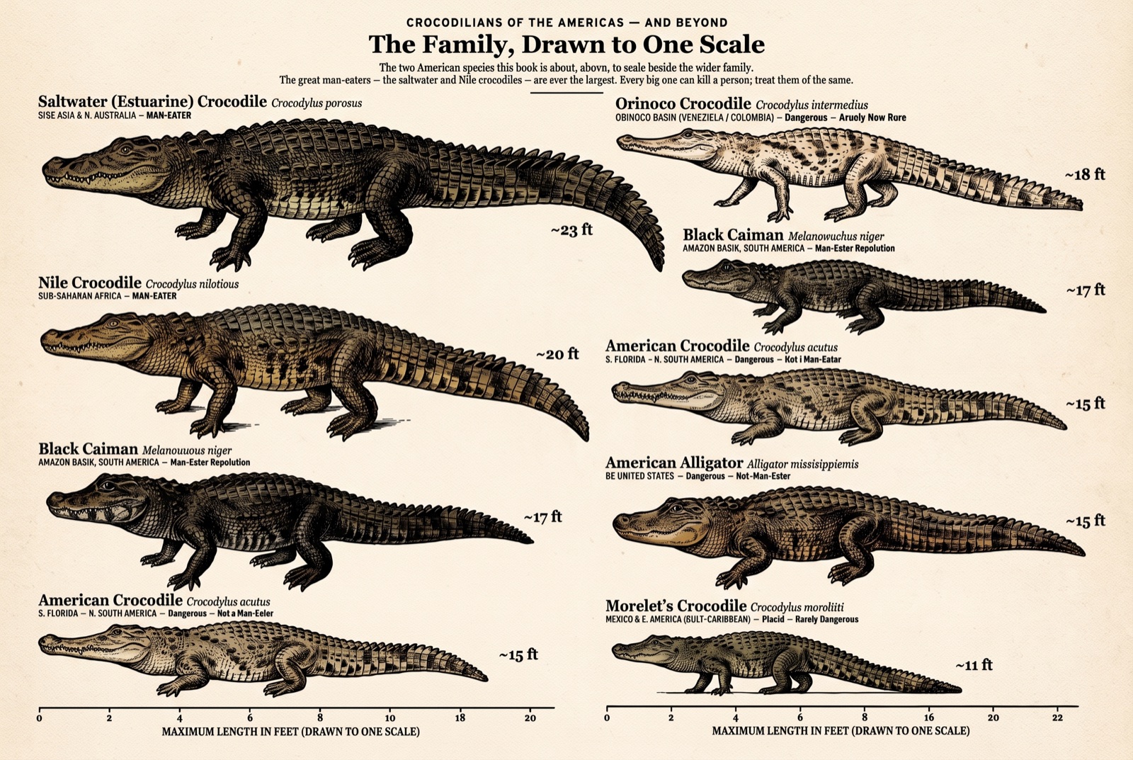 The crocodilians of the Americas, side by side.