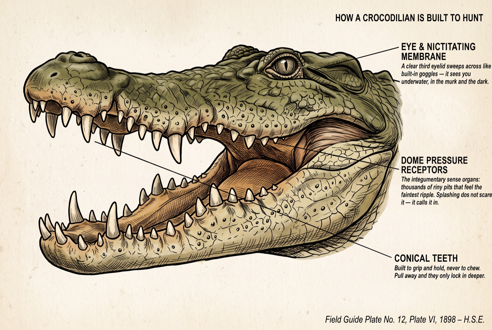 How a crocodilian is built to hunt: the gripping teeth, the dome pressure receptors, and the underwater eye.