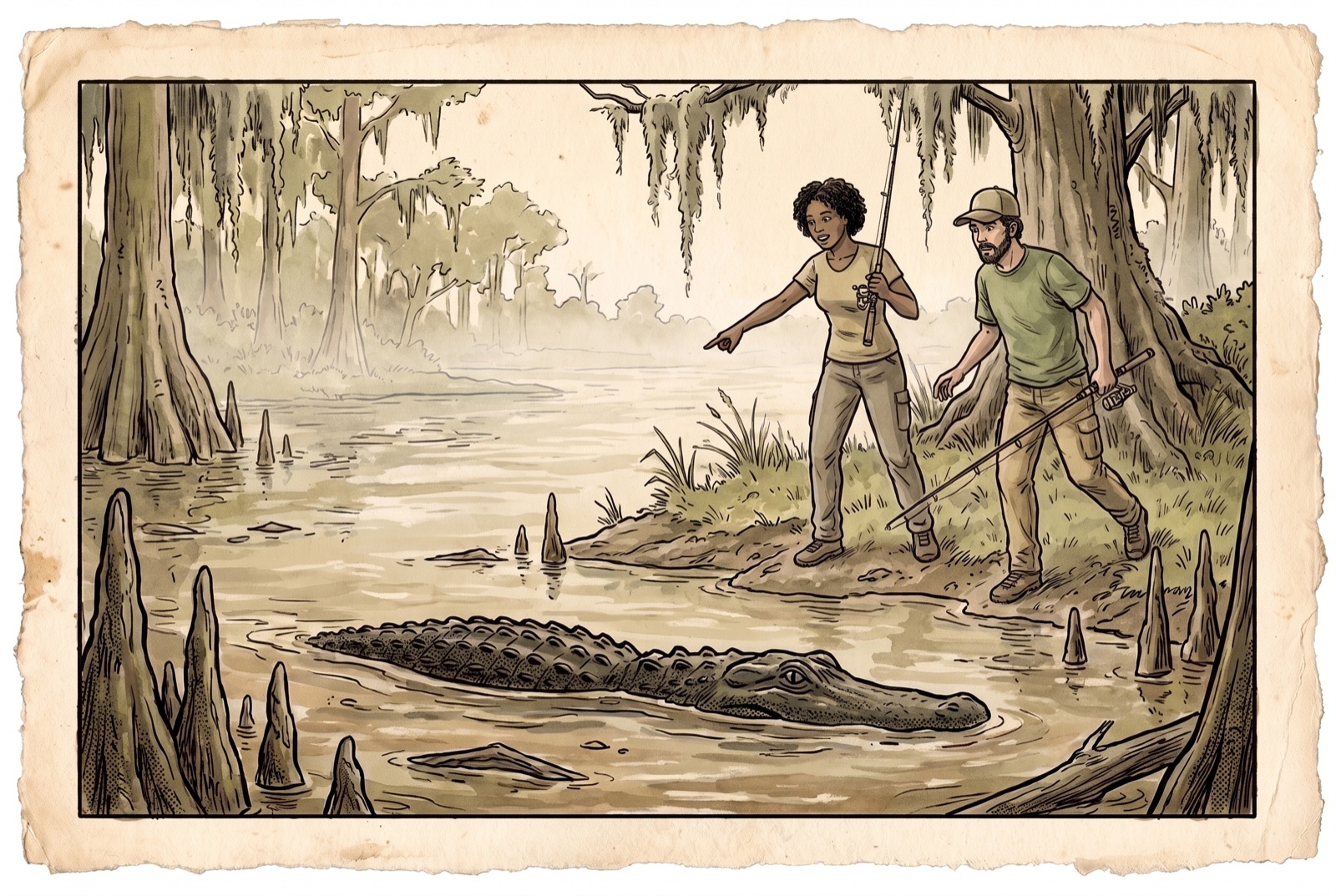 Two fishers keeping their distance, because one of them saw the gator first.